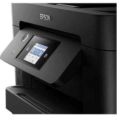 Black Epson printer with a touchscreen displaying the menu.