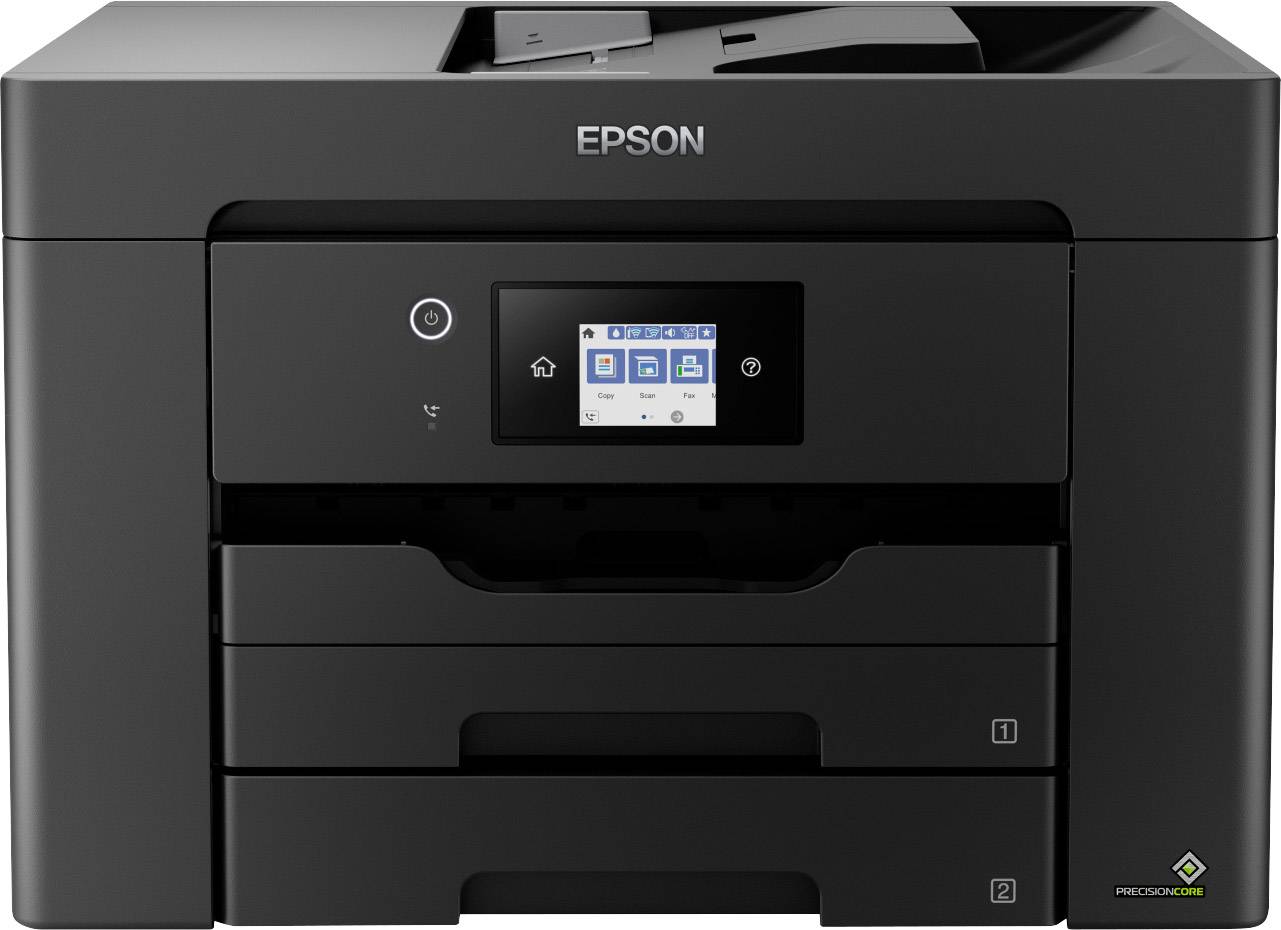 A black multifunction printer with a touchscreen from Epson. The printer has two paper trays and a control panel for operation.