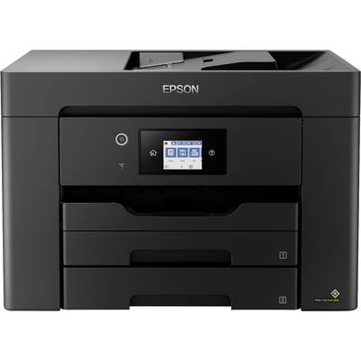 A black all-in-one printer with a digital display, equipped with control buttons.