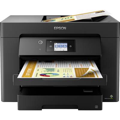 A black Epson printer is printing a coloured document with diagrams and text. The display is showing printing information.