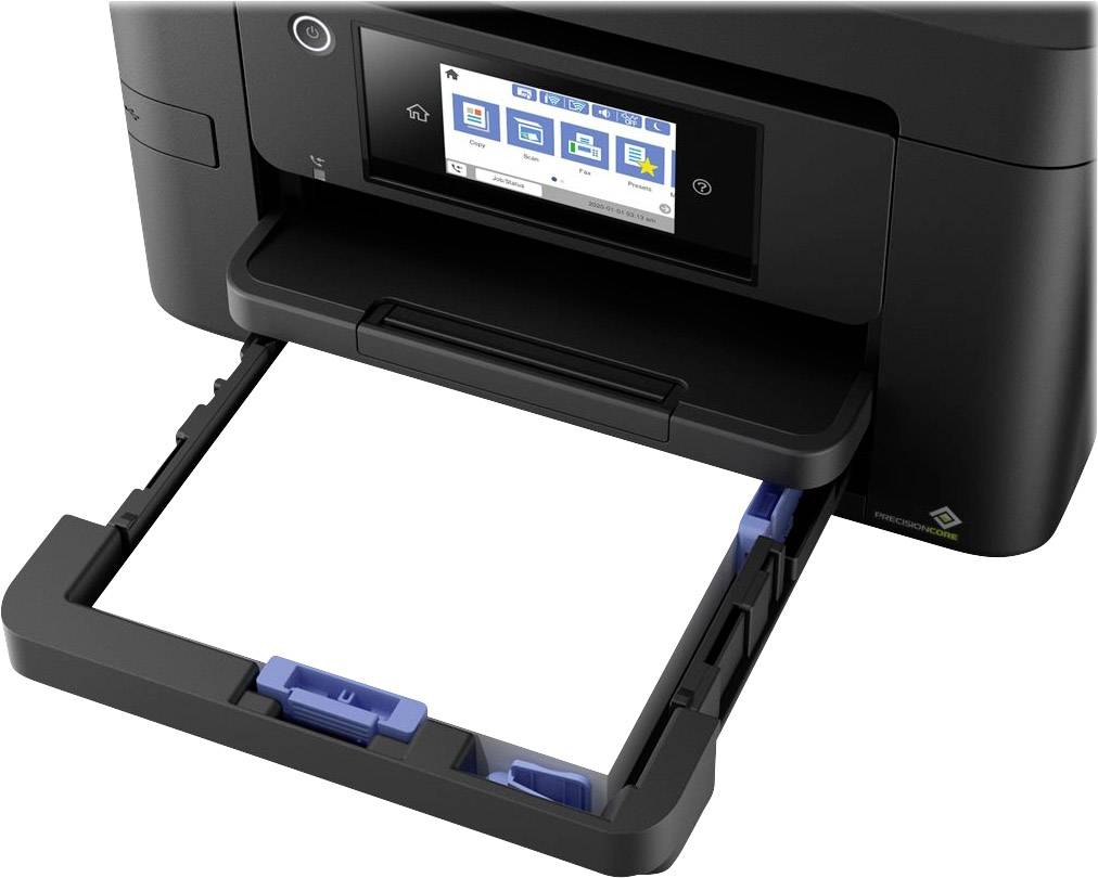 Black printer with an extended paper tray and a touchscreen display on top, showing printer status and settings.