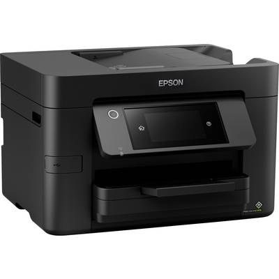 A black multifunction printer with a touchscreen control panel, brand 'Epson'. Ideal for office applications.