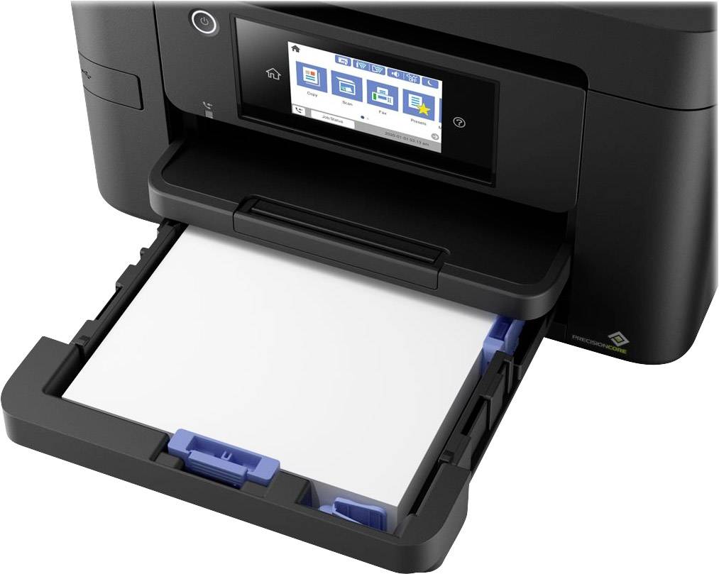 A modern printer with an open paper tray. The display shows various printing and scanning options.