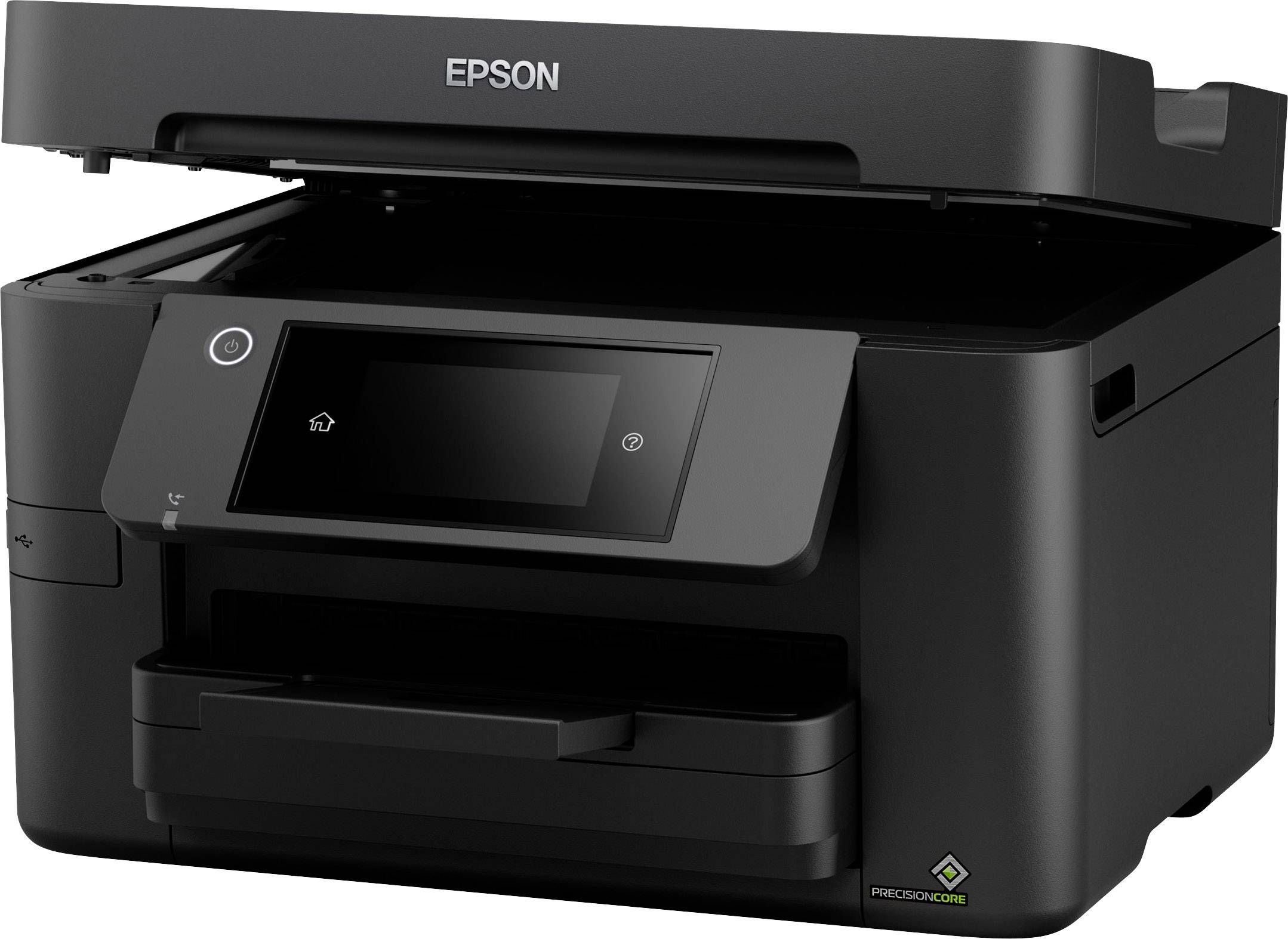 A black Epson printer with an open scanner lid and touchscreen control panel, suitable for office work.