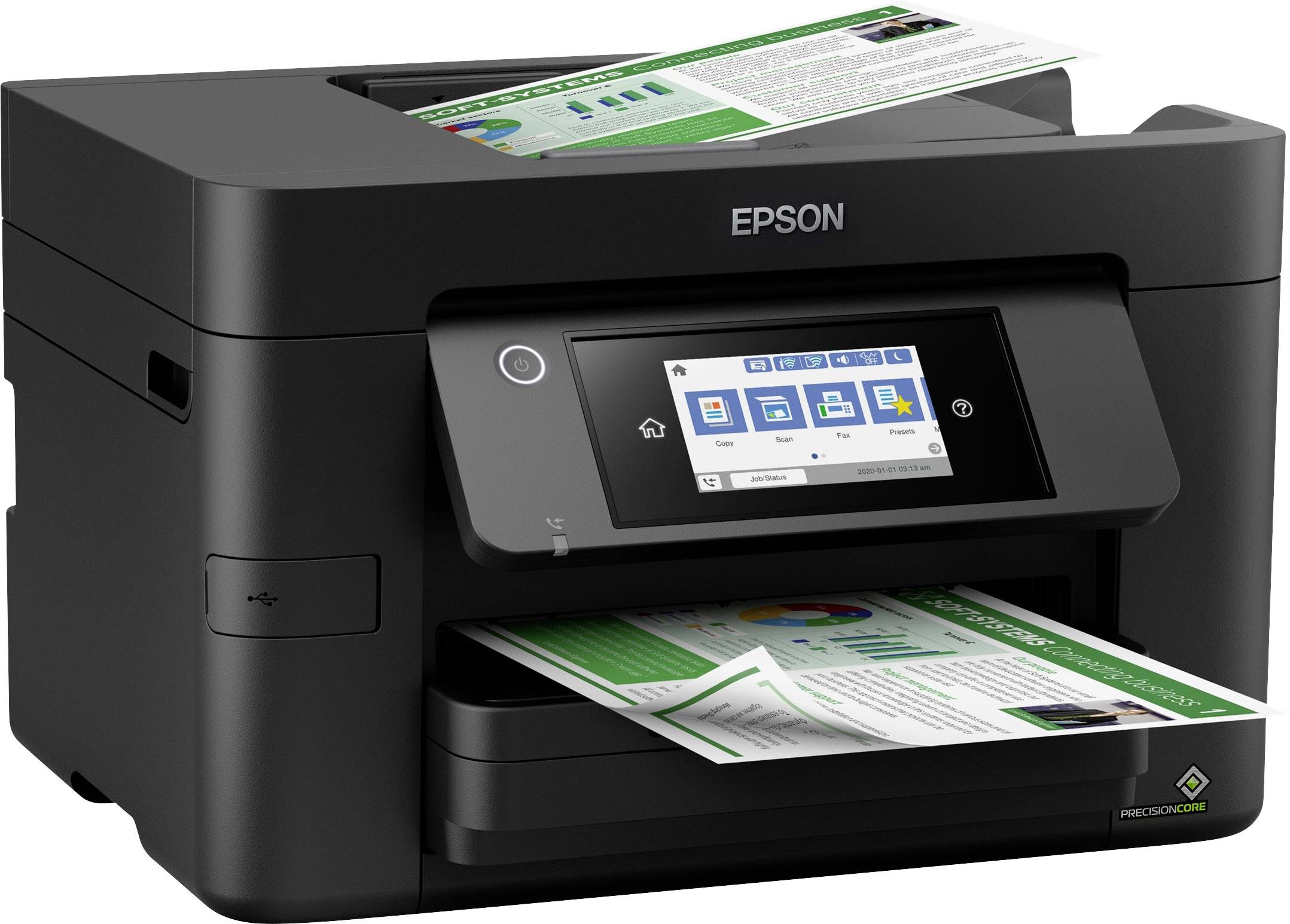 A black Epson printer in operation; a sheet is being scanned, another sheet is being printed out with graphics and text.