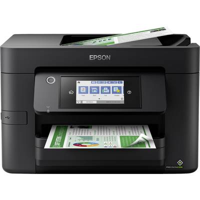 A black Epson printer with a touchscreen has a printed sheet in the output tray. Another sheet is in the upper input tray.
