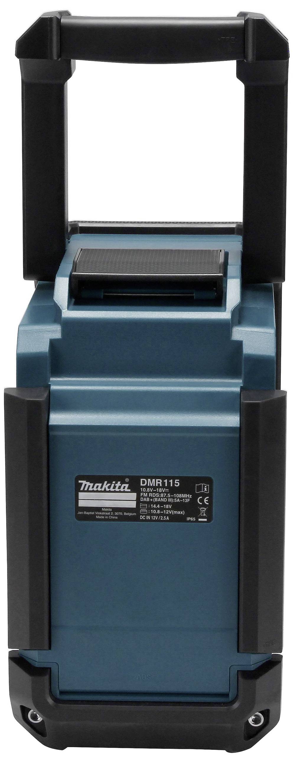 Construction site radio with robust housing and carry handle, model number DMR115, in blue and black colour scheme.