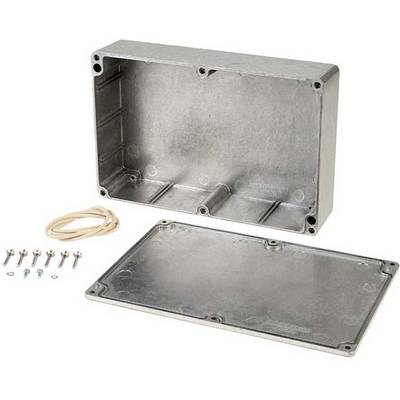 Aluminium metal enclosure with removed lid. Screws and a sealing ring are placed beside it. Suitable for electrical installations.