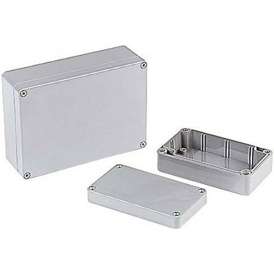 Three rectangular grey metal enclosures in various sizes, each with screw-on covers.