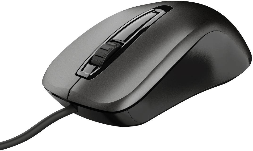 Black, wired computer mouse with scroll wheel, lying on a flat surface. Suitable for desktop PCs.