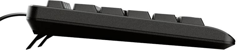 Side view of a black computer keyboard with slightly angled keys. A cable runs out from the left side of the keyboard.