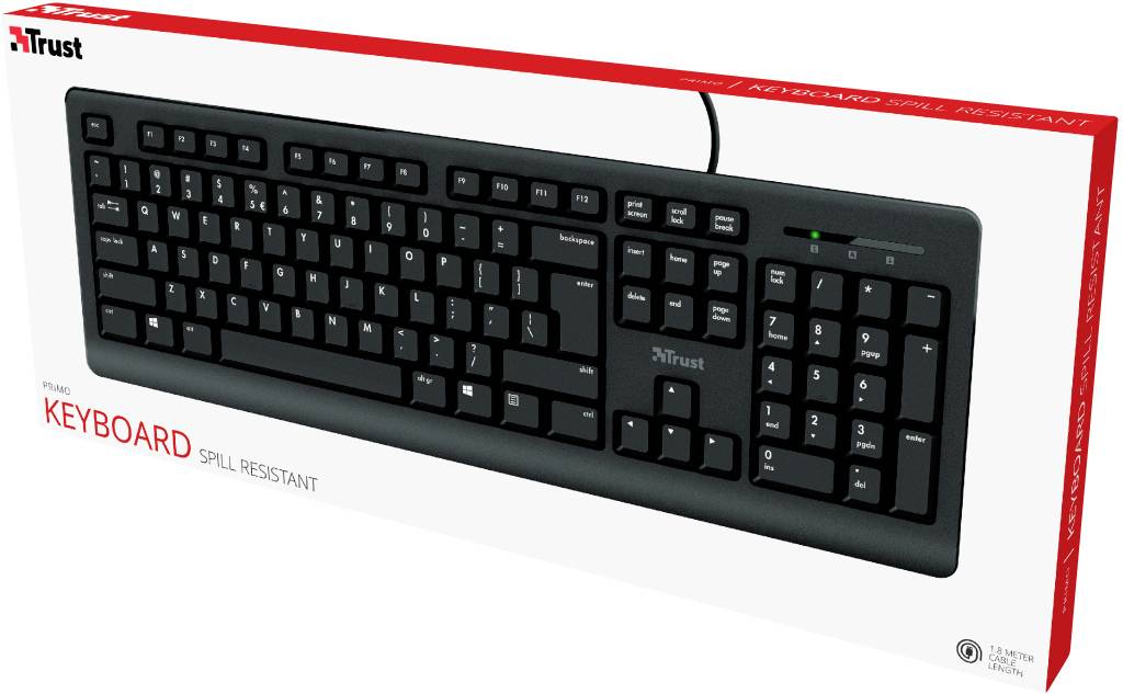 'Keyboard, splash-proof, by Trust. Packaging shows plastic keyboard with cable and standard layout.'