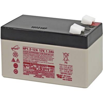 A 12V 1.2Ah lead-acid battery with red warning notices and symbols on the front. Top surface with two white connection terminals.