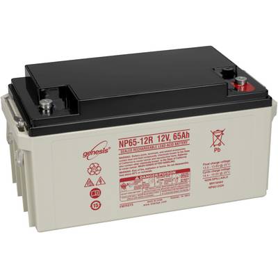 Sealed lead-acid battery with 12V and 65Ah. Safety warnings and symbols on the front.