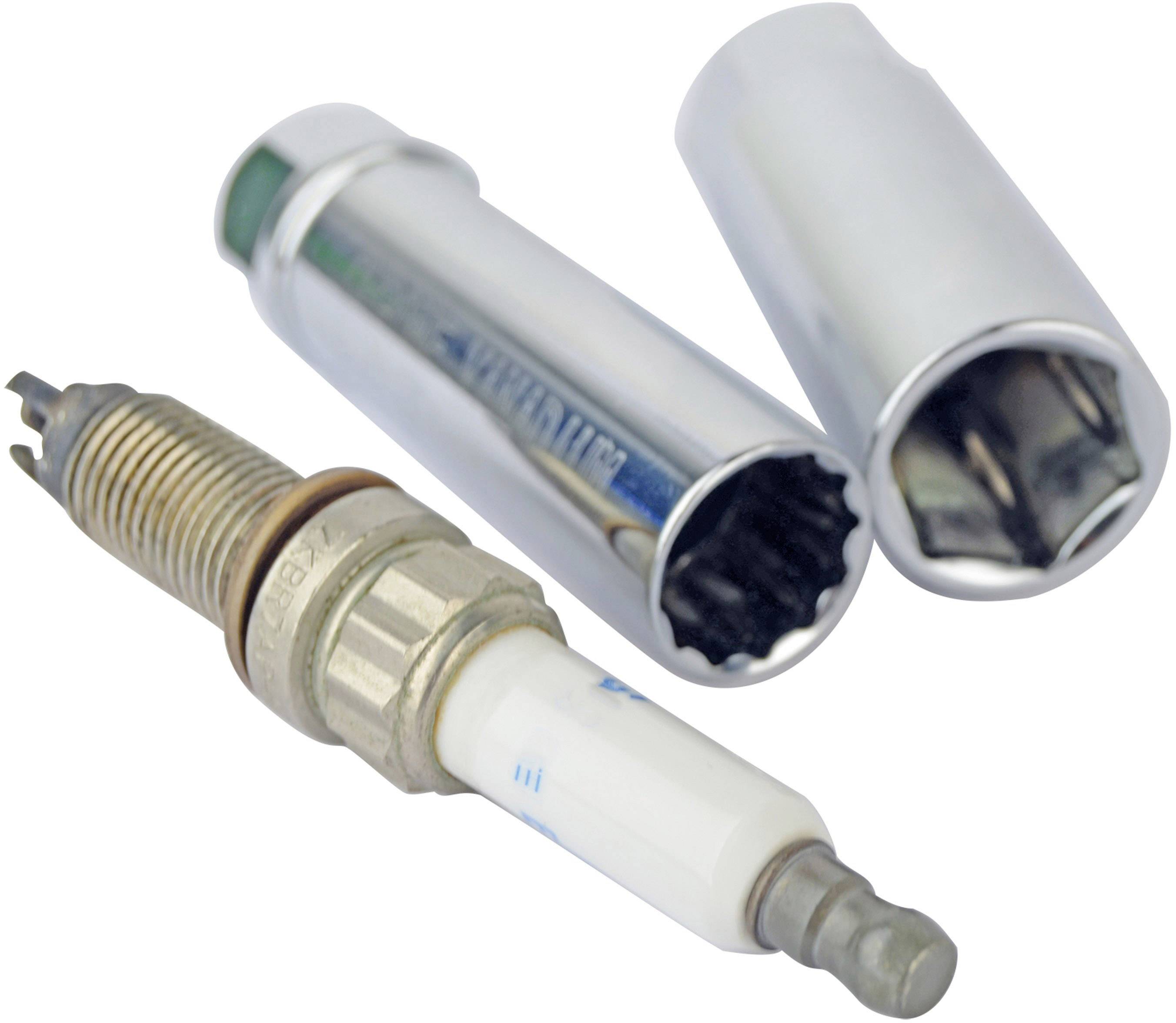 Spark plug with two pins. The spark plug is intended for use in the engine. The two pins are metallic.