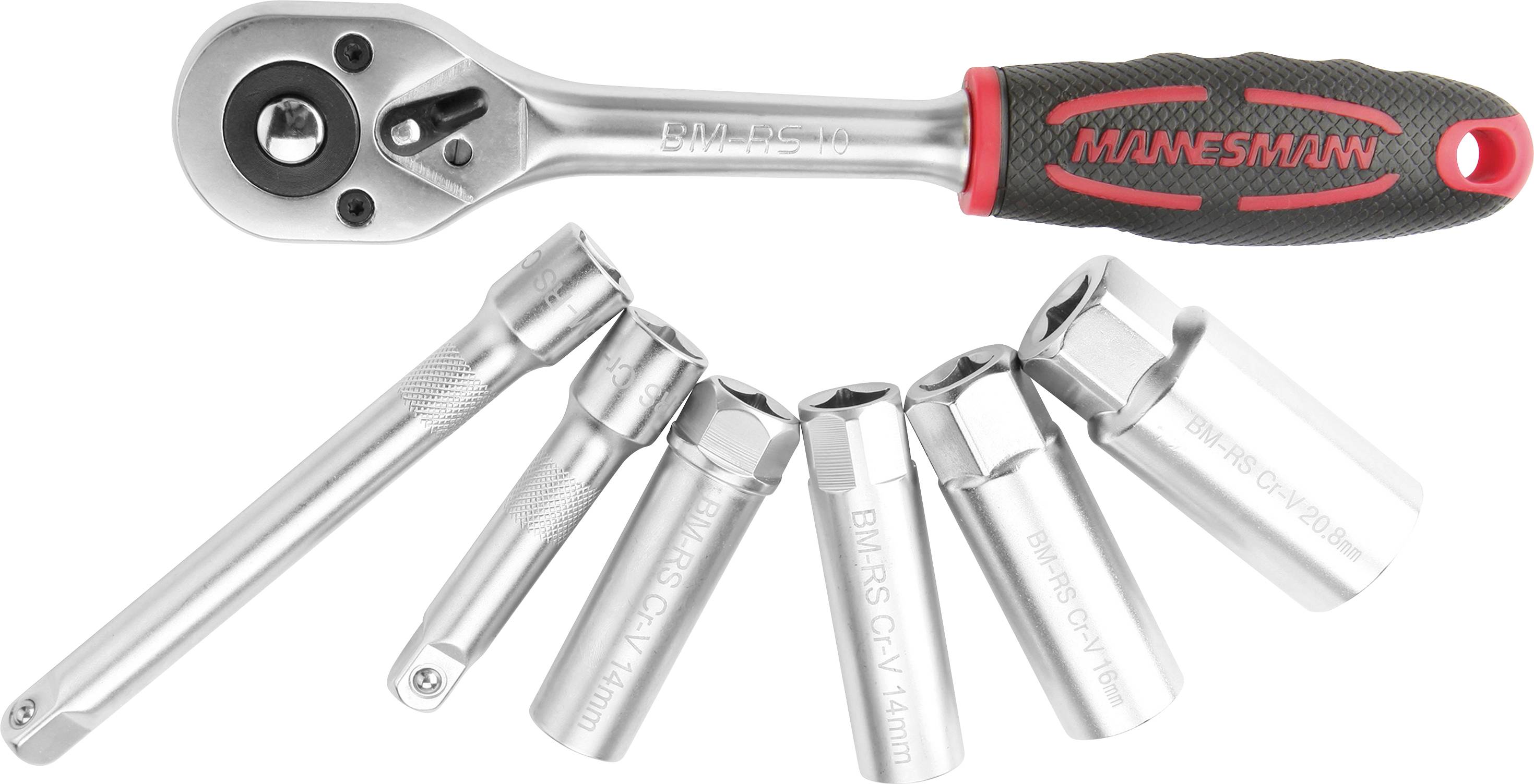 'Ratchet with red handle and six-piece spanner set in various sizes, perfect for mechanical work.'