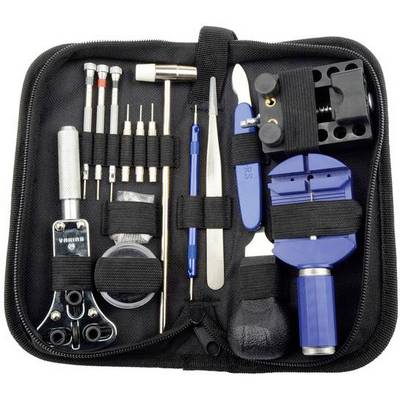 Watch Repair Tool Kit: Includes screwdrivers, tweezers, movement holder, case opener and bracelet shortener in a black case.