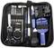 Watch Repair Tool Kit: Includes screwdrivers, tweezers, movement holder, case opener and bracelet shortener in a black case.