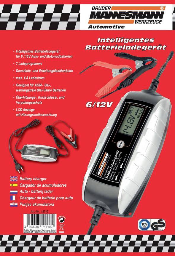 'Intelligent Battery Charger for 6/12V Batteries.' Image shows a charger with an LCD display and connection terminals on a red background.