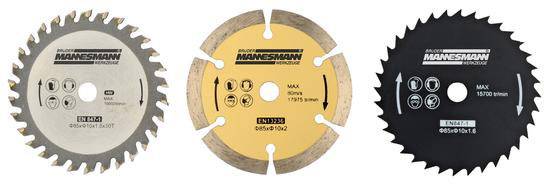 'Three saw blades in various designs and uses, each with brand lettering and technical specifications.'