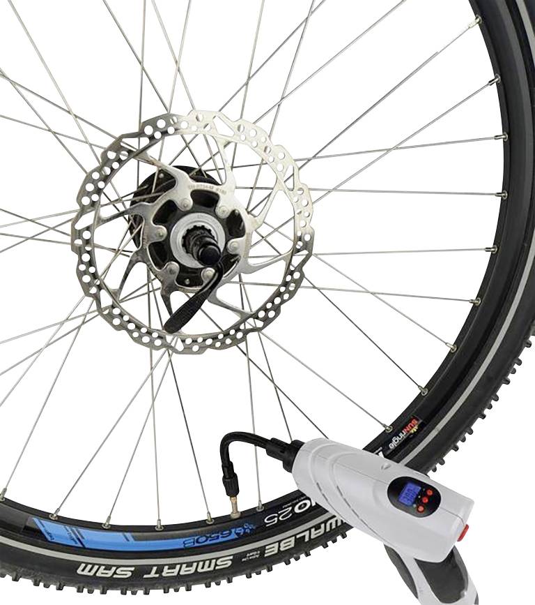 A bicycle rear wheel with a disc brake and an attached portable electric air pump.