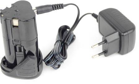 Black charger with cable, EU plug, and standalone charging station.