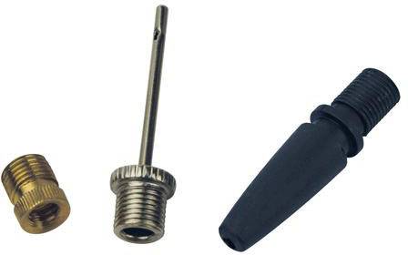 'Three different valve adapters: One made of brass, one made of metal with an elongated pin, and a black plastic adapter.'