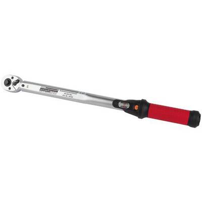 Torque wrench with red handle and scale for measuring tightening torque, suitable for precise work in mechanics and assembly.