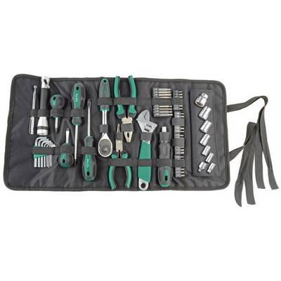 Tool set with screwdrivers, spanners, pliers and bits in a black roll bag with green handles.