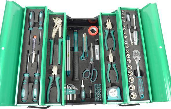 Green toolbox with various tools such as screwdrivers, pliers and sockets, neatly sorted in compartments.