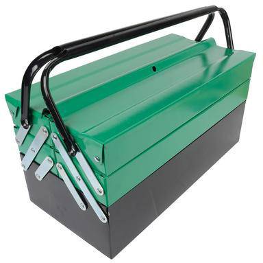 A green metal toolbox with a black handle, closed. It has two hinges on the sides for opening.