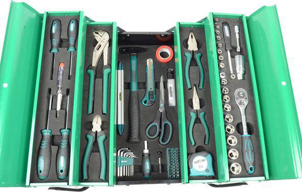 An open green toolbox with various tools: screwdrivers, pliers, spanners, tape measure and more.