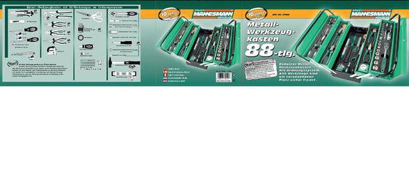 Metal tool kit with 88 pieces, various tools arranged in compartments. Brand name and description on the packaging.