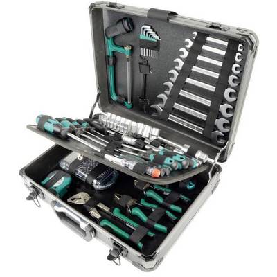 An opened toolbox with a variety of tools such as spanners, screwdrivers and pliers, neatly arranged.