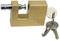 A massive, brass-coloured padlock with a slender pin-shaped design, alongside two keys on a ring.