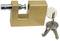 A massive brass padlock with a security lock and a set of three keys on a ring.