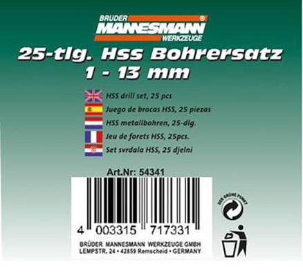 Label for a HSS drill bit set 1-13 mm, 25-piece, with translations in multiple languages and barcode.