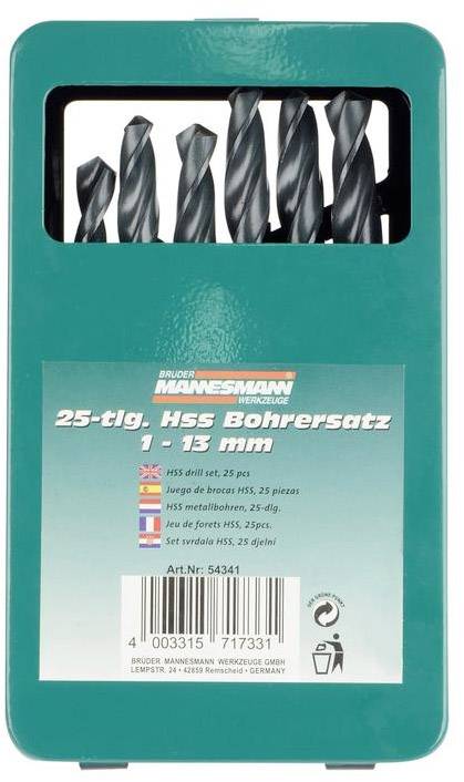 '25-piece HSS Drill Bit Set, 1–13 mm' is written on the packaging of a green drill bit set containing 25 black, glossy drill bits of varying sizes.