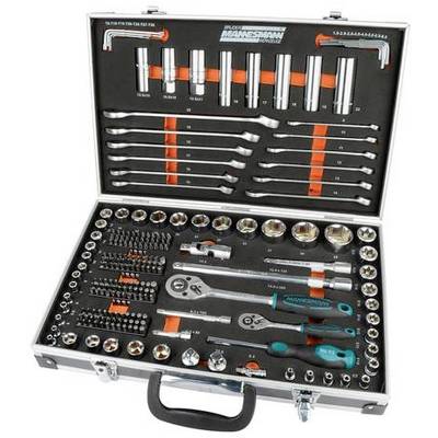 An open toolbox displays various socket wrenches, ratchets, screwdrivers and accessories neatly arranged in matching compartments.