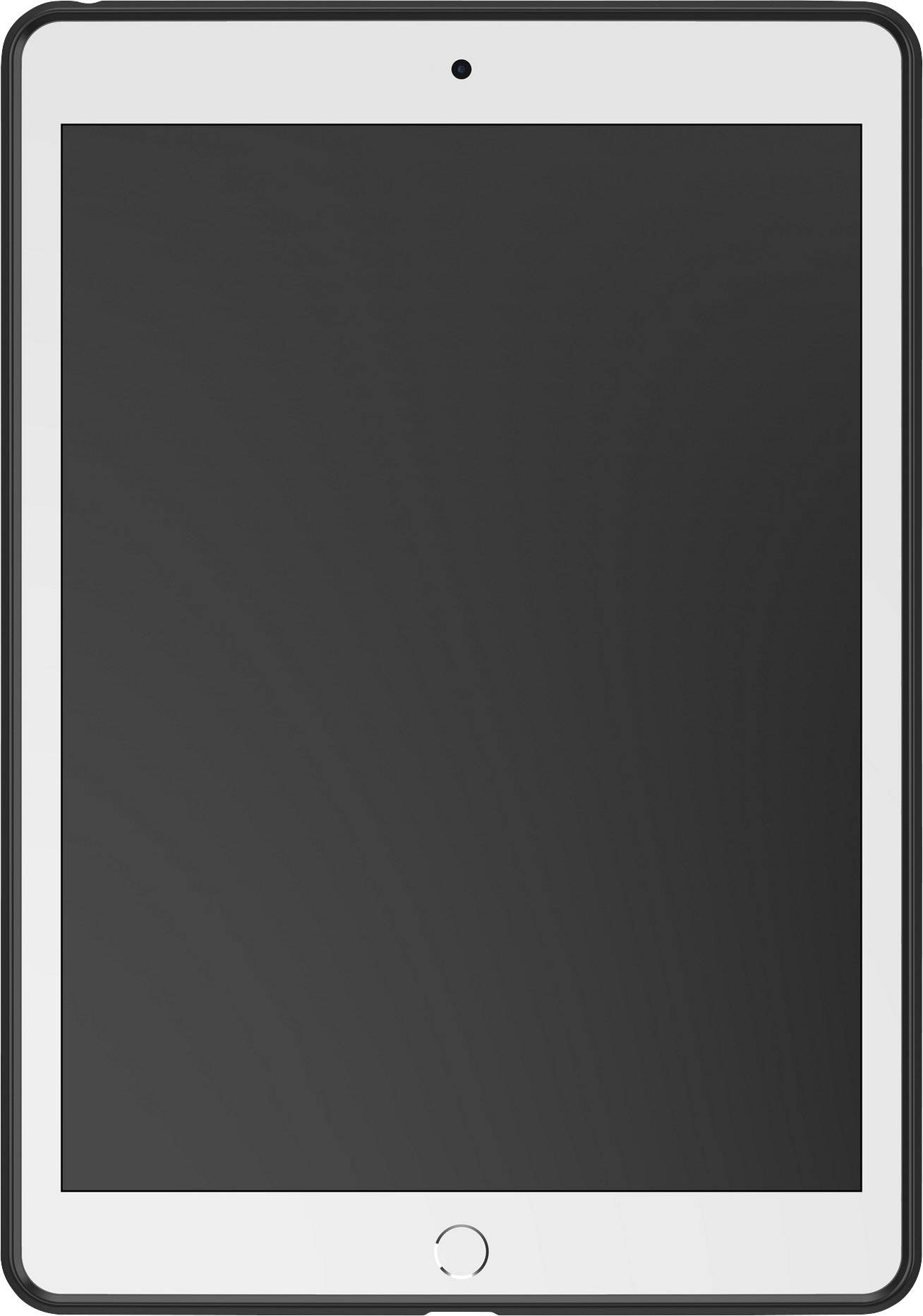 Tablet with a black screen and white frame, displayed in a vertical orientation.