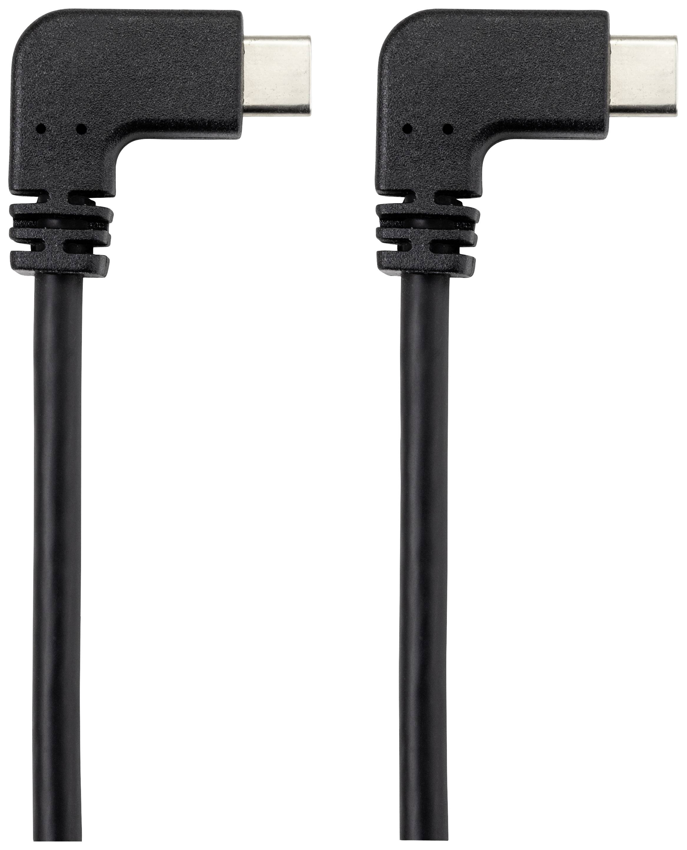 USB-C cable with right-angled connector, black design, suitable for devices with limited space or specific connection requirements.