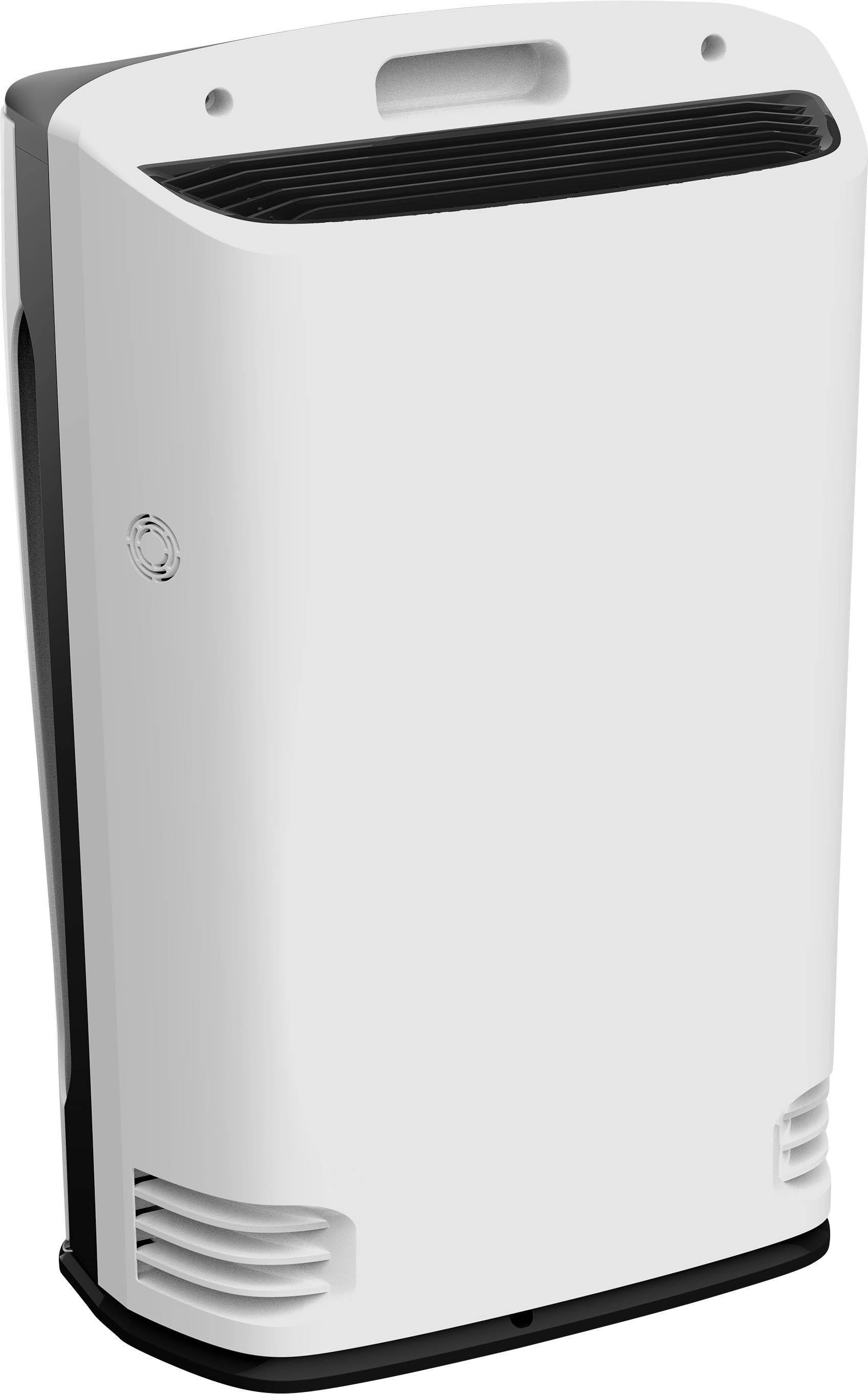 A white air purifier with a rectangular, slender shape. It has ventilation slots on the top and bottom surfaces.