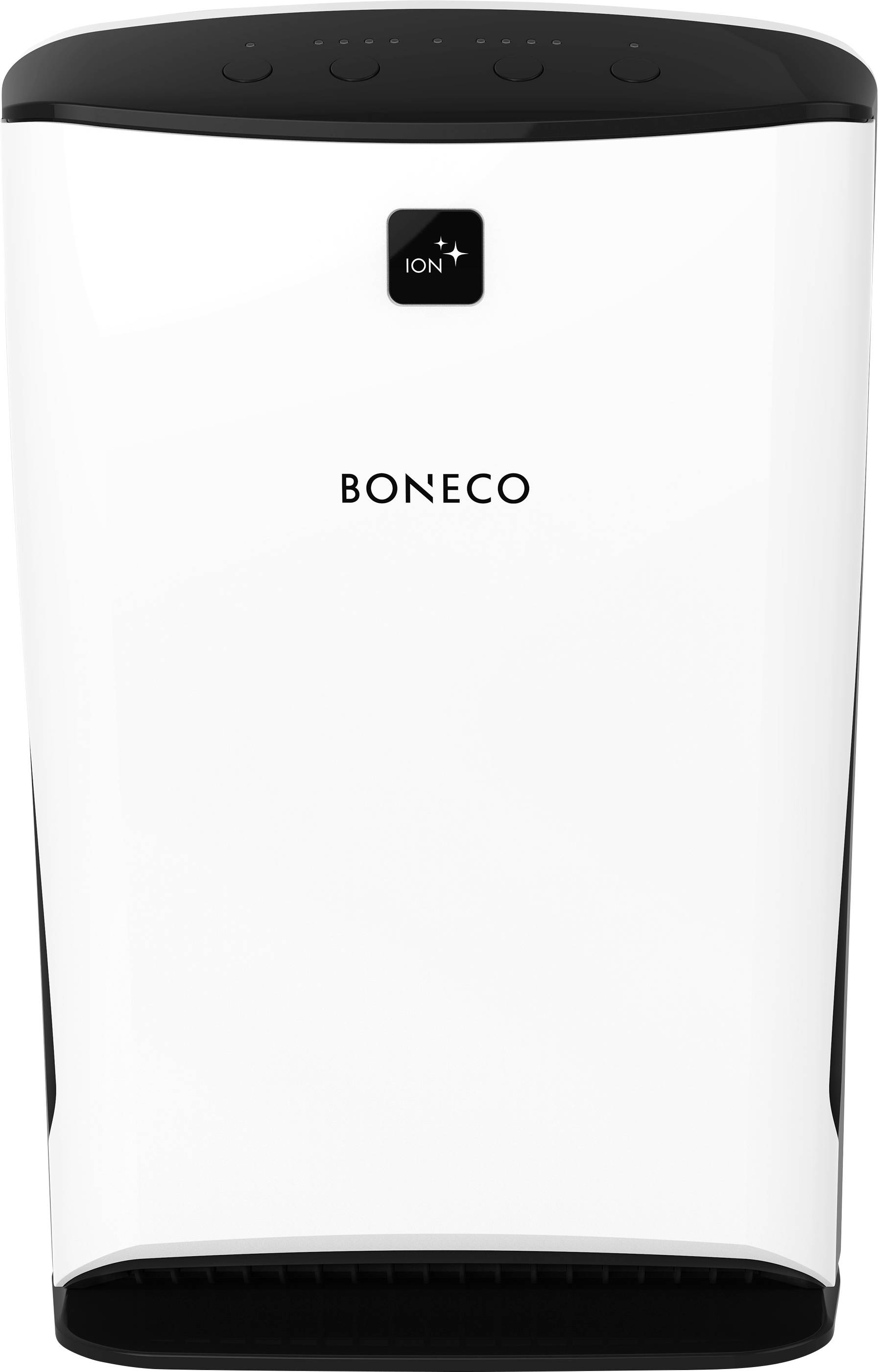 White air purifier with a black border, 'Boneco' brand name displayed on the front, ionisation function indicated at the top.