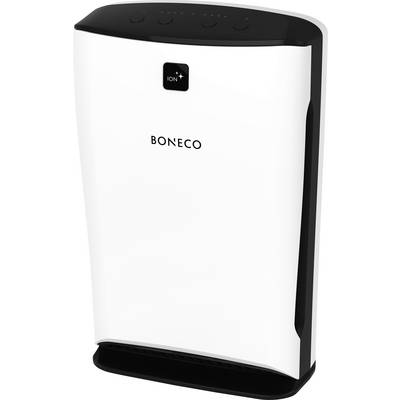 A white air purifier by Boneco with a rectangular design, black upper border and ionisation function.