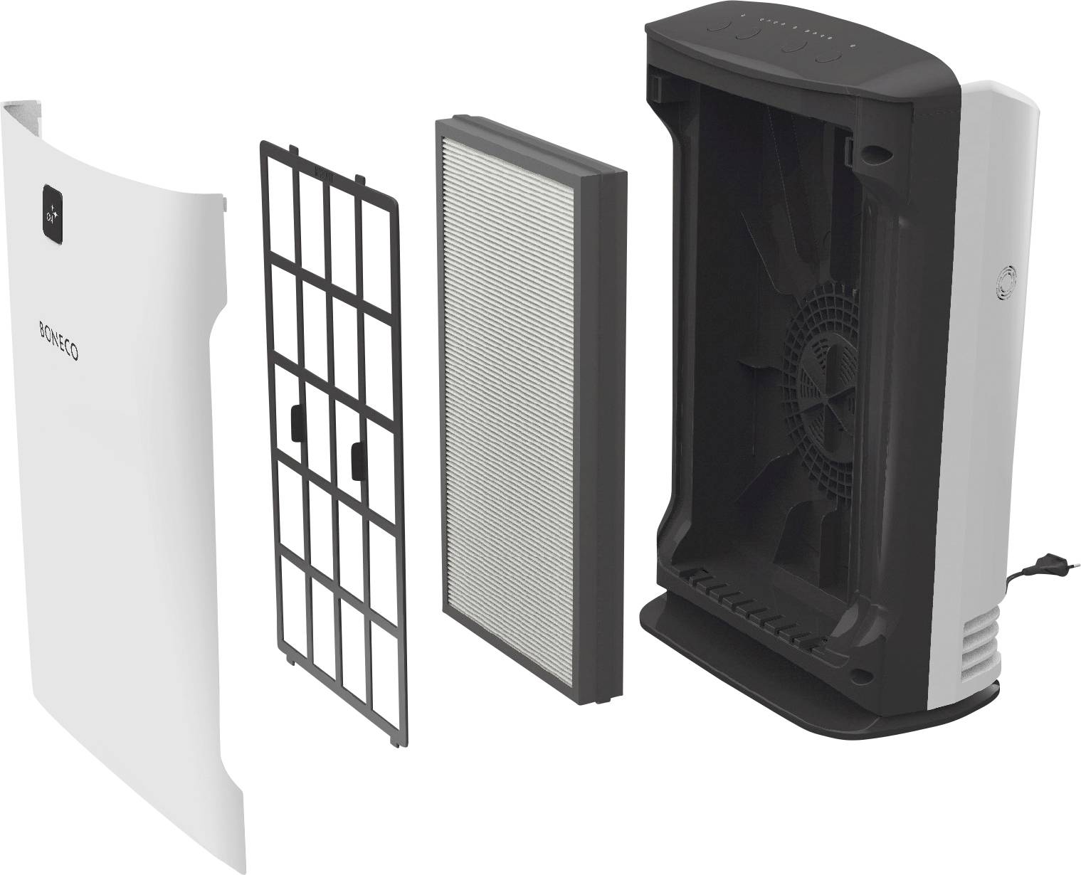 'Exploded diagram of an air purifier: housing, grid filter, HEPA filter and fan housing arranged from left to right.'