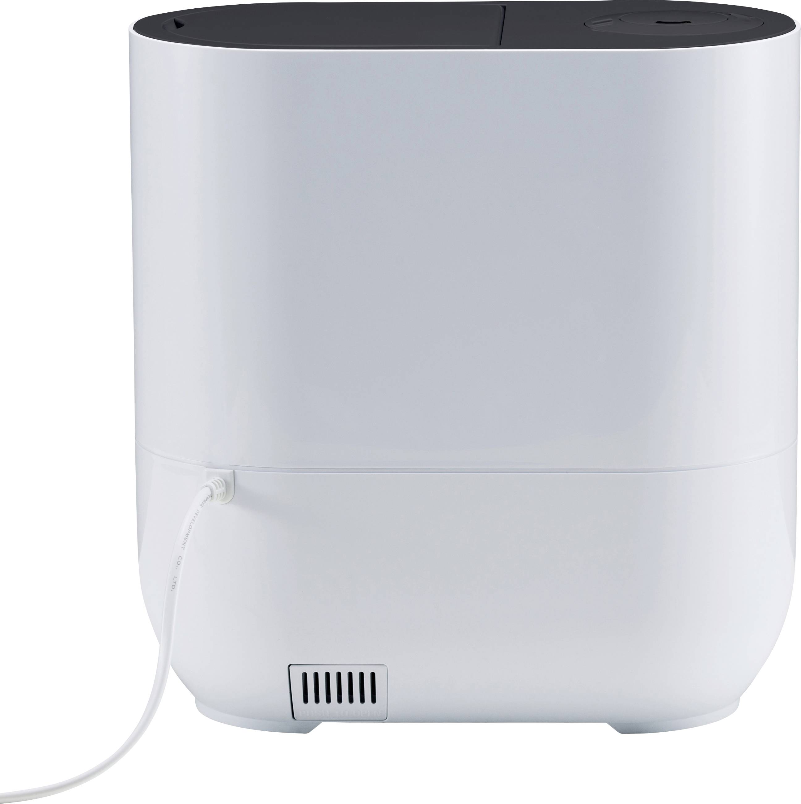A white air humidifier with a power cord at the back and a black control panel on top.