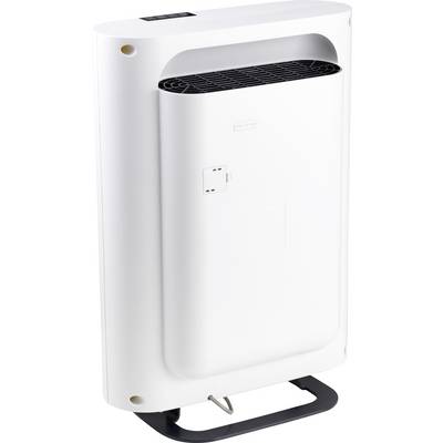 Air purifier in a modern, sleek design, standing on a metal base.