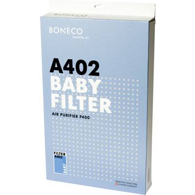 Air purifier filter packaging by Boneco, Model A402, specially designed for babies. Blue design with white dots and text details.