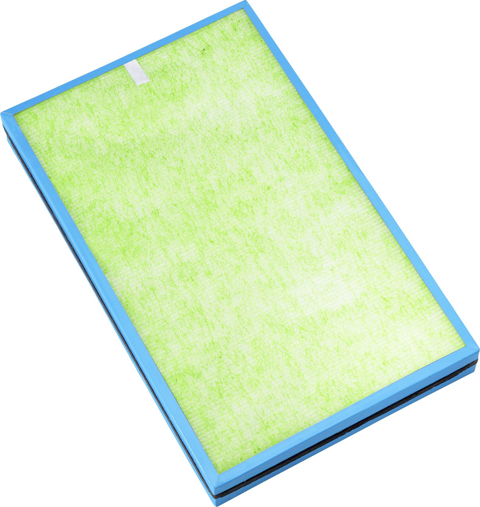 Air filter with green filter medium, rectangular, in a blue frame, on a white background.