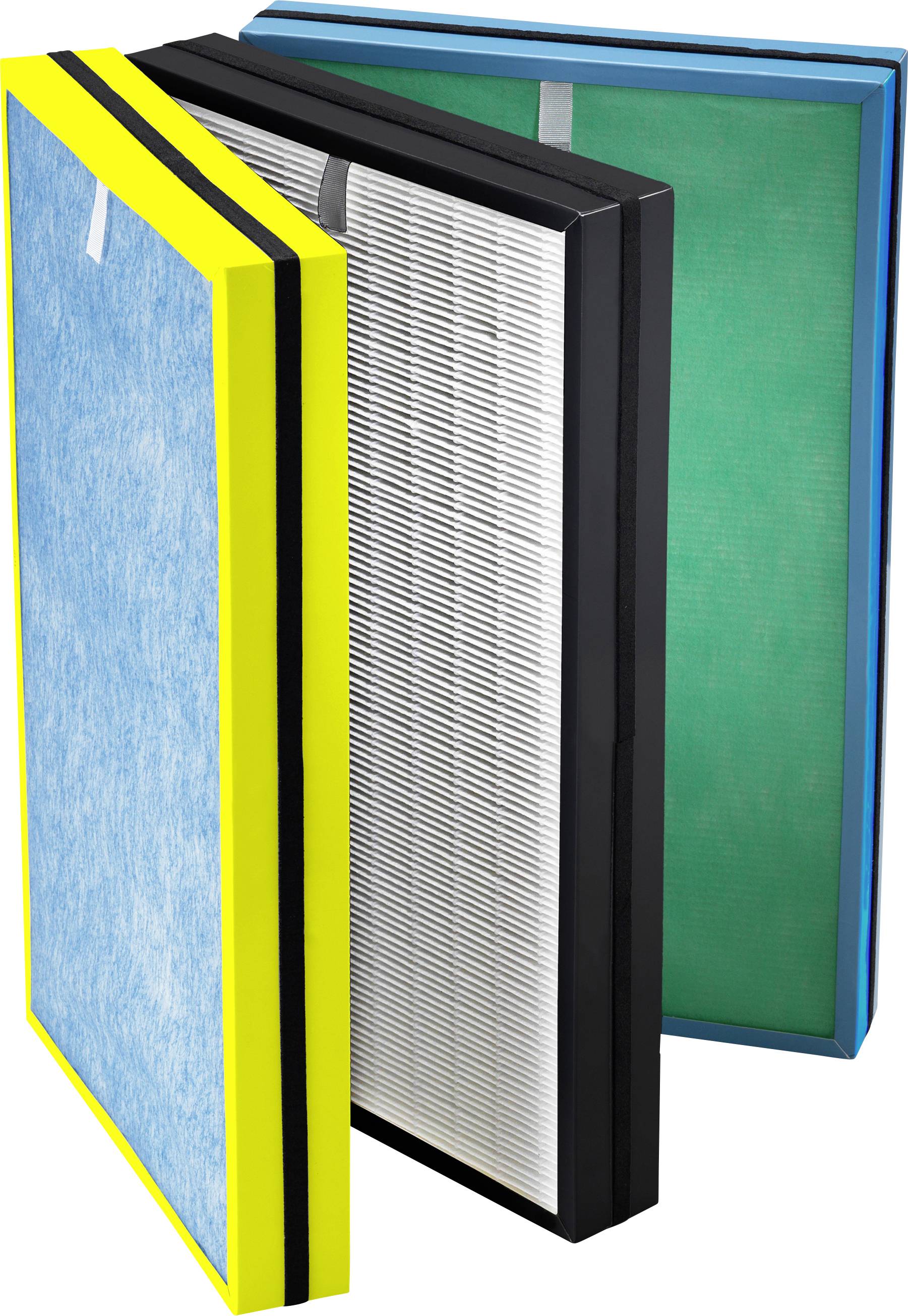 Three air filters side by side: yellow, blue, and green frames. Each filter displays different materials and structures.